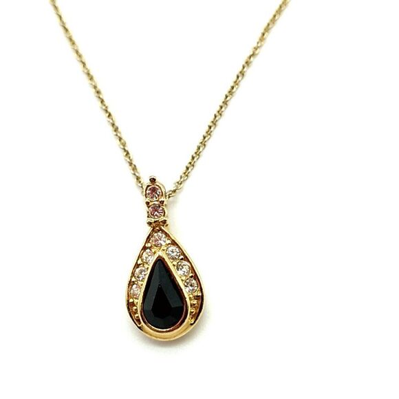 VTG ROMAN Black Rhinestone Teardrop Surrounded by Crystals Pendant Necklace Sign - Picture 14 of 16
